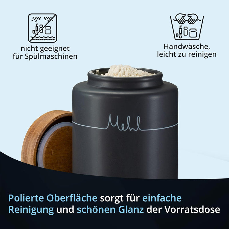 KHG Mehldose aus Keramik Steingut poliert in Anthrazit Grau mit Holz-Deckel für 500 ml Mehl, Vorrats