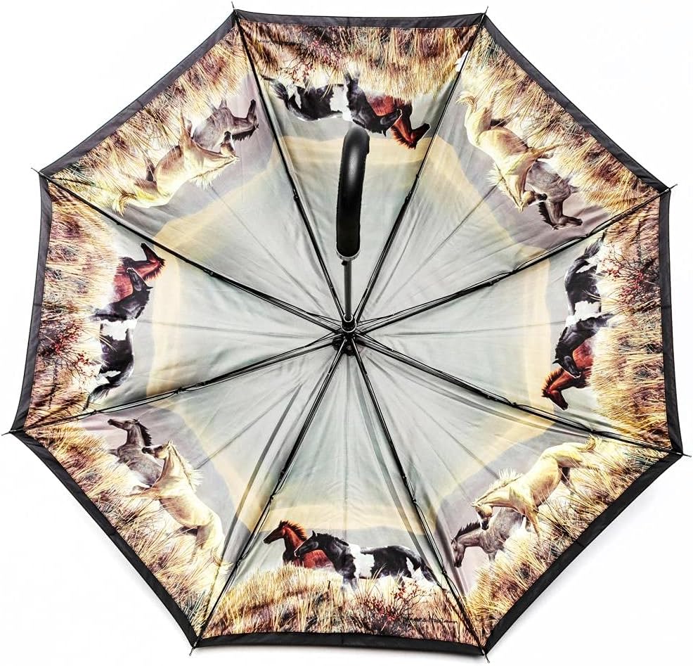 LUCKYWEATHER Regenschirm Stockschirm Damen Motiv Pferde Auf-Automatik Double Layer I Stockregenschir
