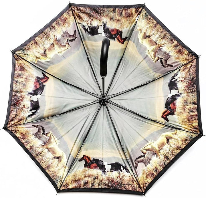 LUCKYWEATHER Regenschirm Stockschirm Damen Motiv Pferde Auf-Automatik Double Layer I Stockregenschir