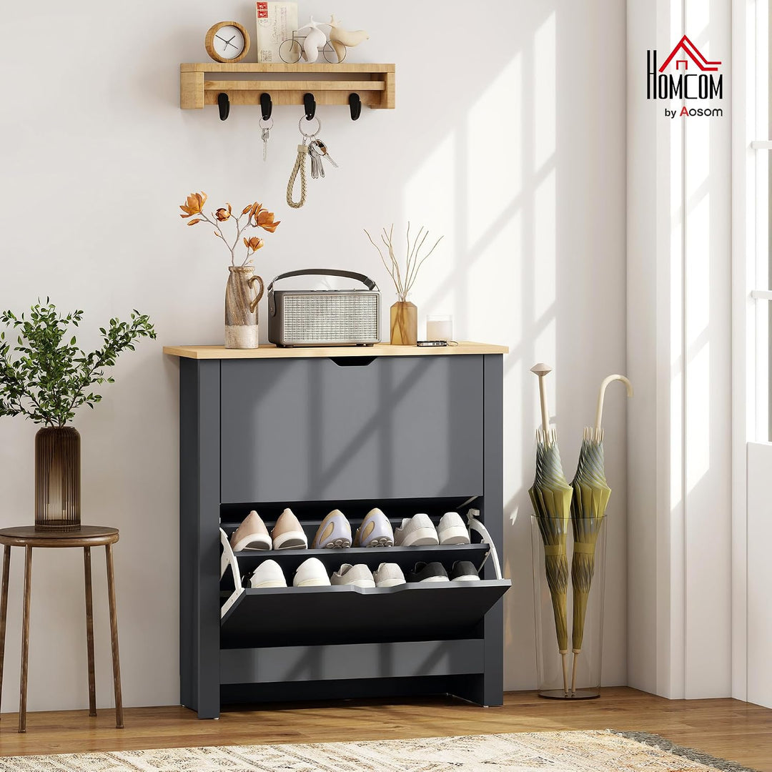 HOMCOM Schuhschrank mit 2 Klappen Schmal 72 x 26 x 80 cm Dunkelgrau | Schuhkipper mit verstellbar Tr