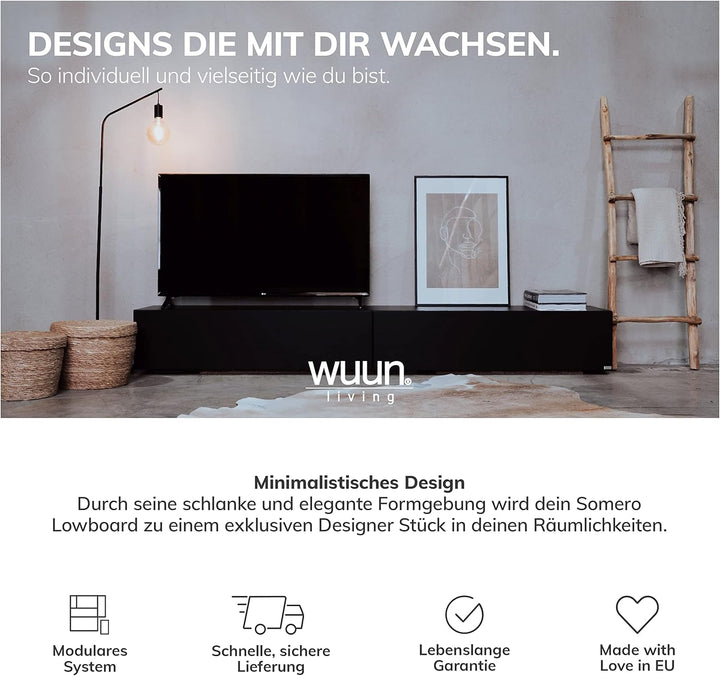 Wuun® TV Lowboard TV Board hängend I 100cm-280cm I Hängeschrank Wohnwand/Somero I Schwarz-Matt/Weiss