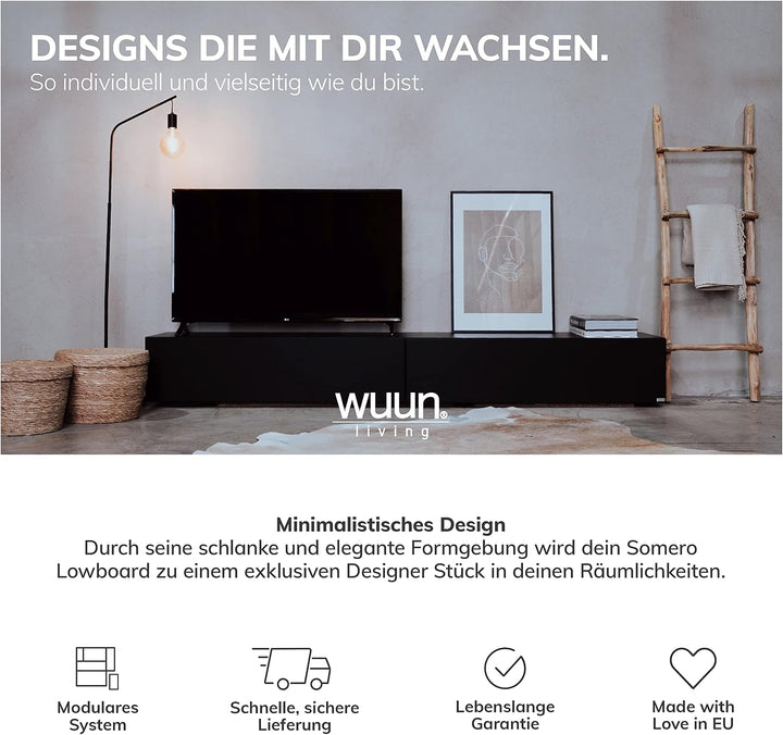 Wuun® TV Lowboard TV Board hängend I 100cm-280cm I Hängeschrank Wohnwand/Somero I Schwarz-Matt/Weiss