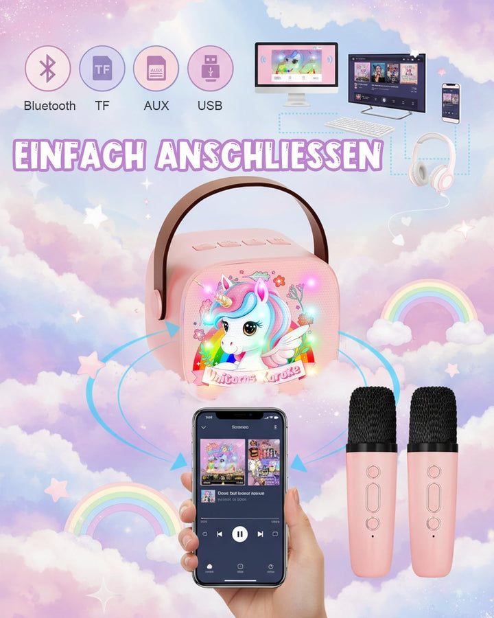 Karaoke Maschine Kinder mit 2 Bluetooth Mikrofon, Tragbarer Karaoke Drahtlosen Mikrofon mit LED-Lich