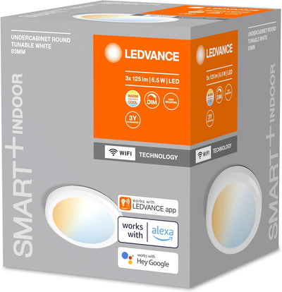 LEDVANCE SMART+ WIFI Unterschrankleuchte, rund, weiss, 6,5W, 375lm, 83mm, regulierbares Weisslicht,