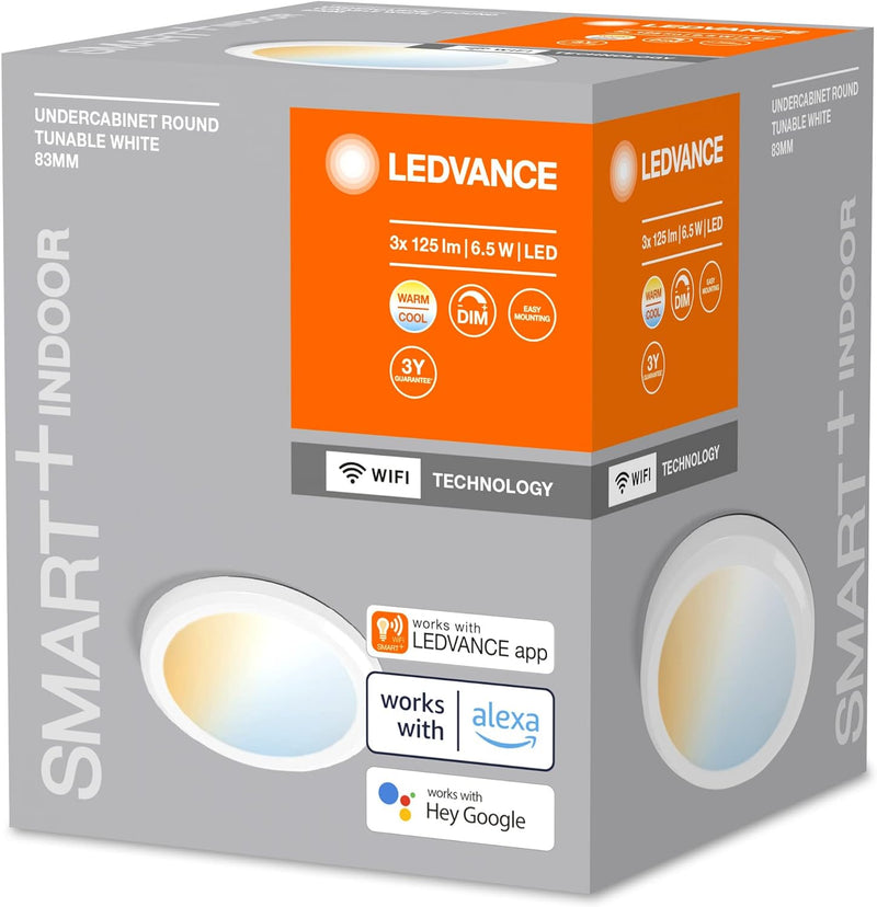 LEDVANCE SMART+ WIFI Unterschrankleuchte, rund, weiss, 6,5W, 375lm, 83mm, regulierbares Weisslicht,