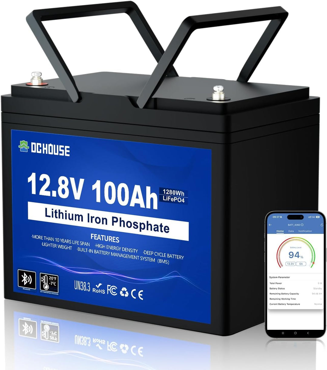 DCHOUSE 12V 100Ah LiFePO4 Batterie, Verbessertes 100A BMS, Bis zu 15000 Zyklen, 1280Wh Lithium Akku,