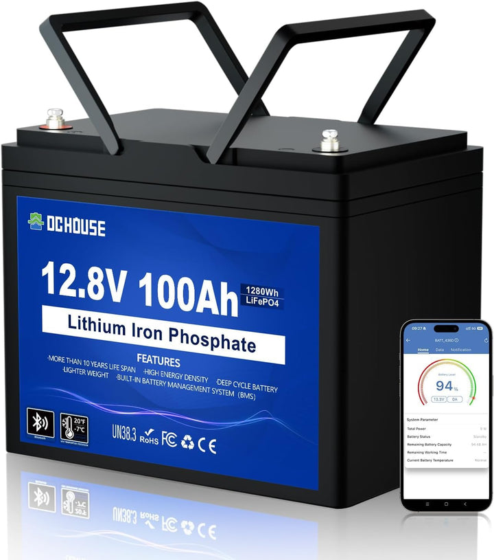 DCHOUSE 12V 100Ah LiFePO4 Batterie, Verbessertes 100A BMS, Bis zu 15000 Zyklen, 1280Wh Lithium Akku,