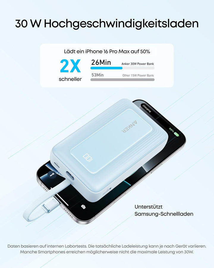 Anker Zolo Powerbank (2025 Upgrade), 20000mAh, 30W High-Speed-Ladegerät mit integriertem USB-C Kabel