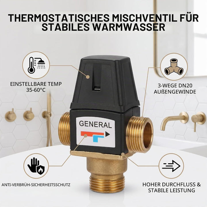 Thermostatisches Mischventil für Solarwarmwasserbereiter 3 Wege DN20 Aussengewinde Messing, hochwert
