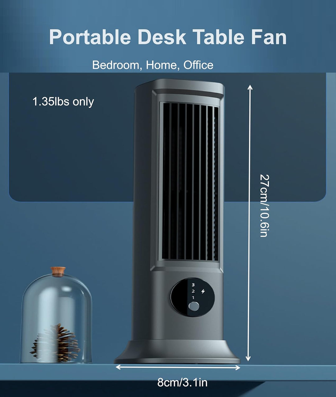 Jiawu 10'' Turmventilator für Schlafzimmer, Flügelloser Tischventilator mit 3 Geschwindigkeiten, Kom