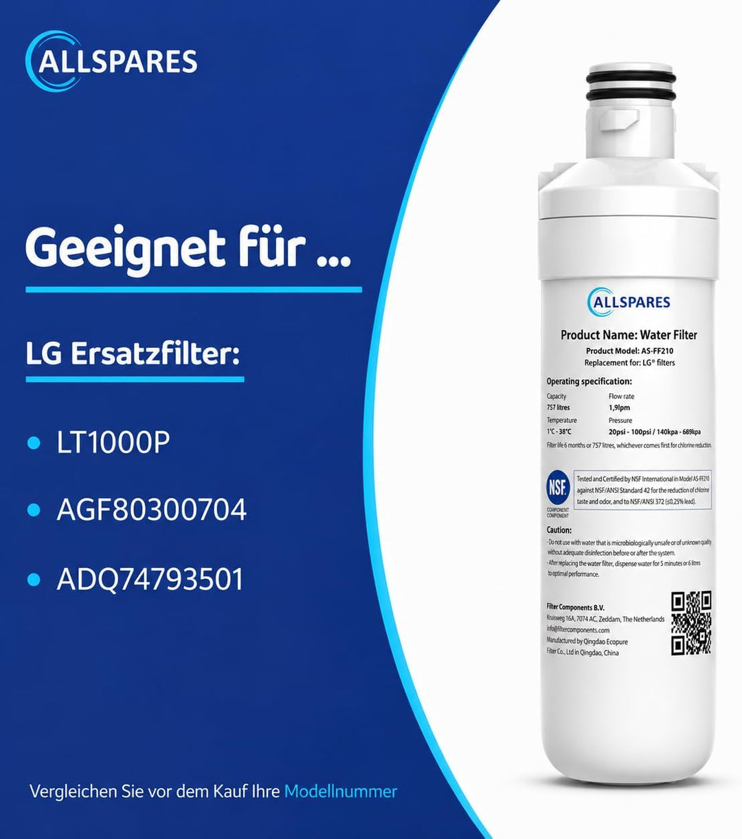 AllSpares Wasserfilter für Kühlschrank geeignet für LG LT1000P / AGF80300704 / ADQ74793501 (1 Stück)