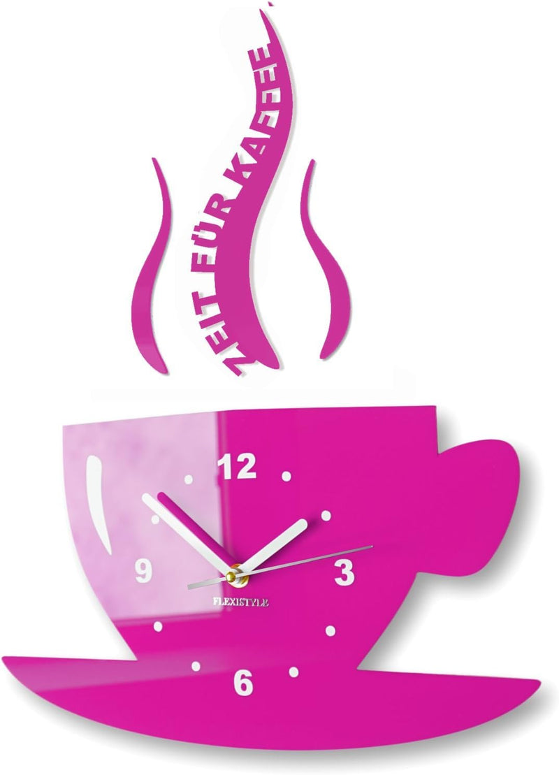 FLEXISTYLE Tasse Zeit für Kaffee Moderne Küche Wanduhr, 3D römisch, wanduhr deko (rosa), Rosa