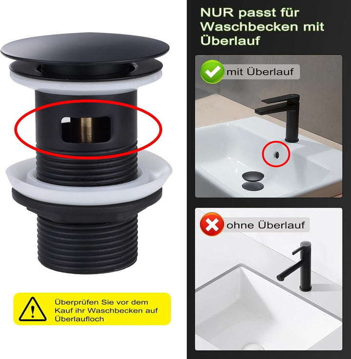 Wasserrhythm Universal Siphon mit Ablaufgarnitur für Waschbecken und Waschschalen mit Überlauf, Pop