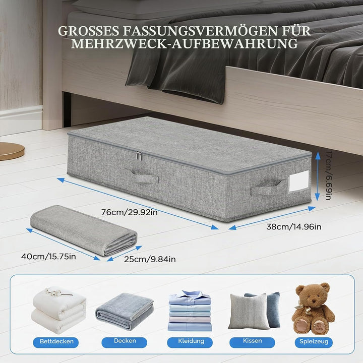 Cozary 2 Stück Unterbett Aufbewahrungsbox Stabil, Faltbare Aufbewahrungsboxen mit Deckel, 3 Griffen
