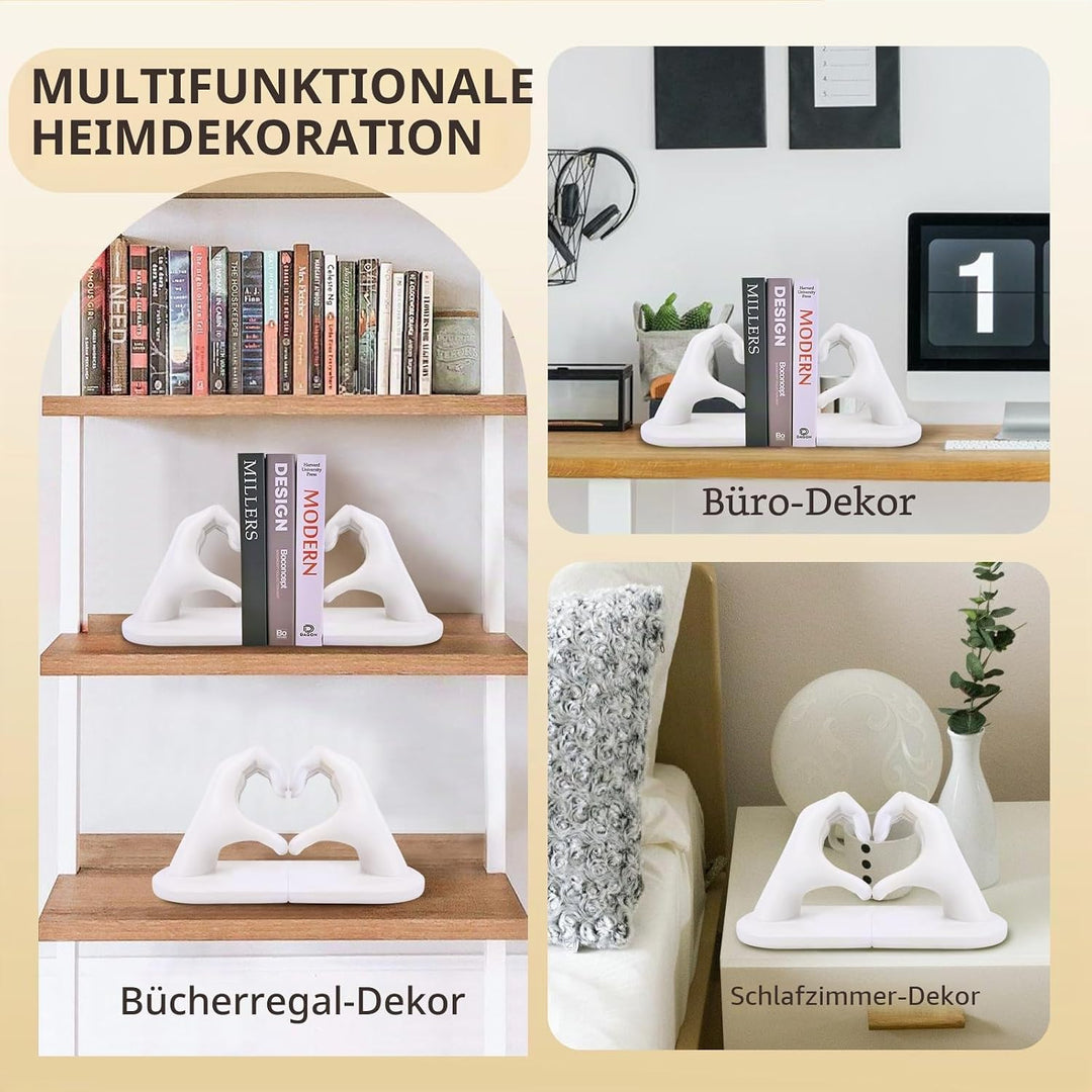 Weisse Buchstützen Set aus Resin - Herz & Hände Skulptur als Buchstütze, dekorative Bookends für Büc