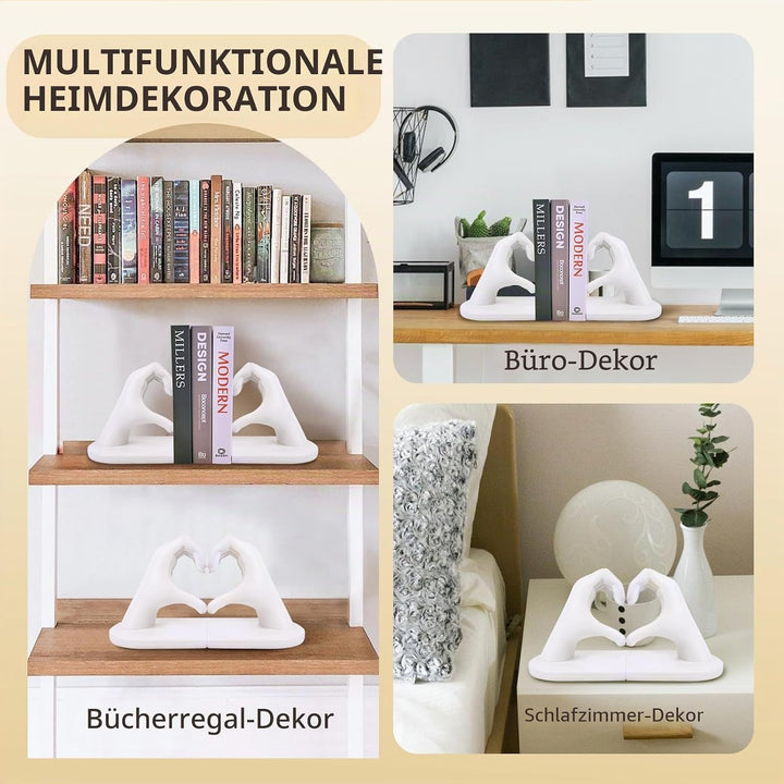 Weisse Buchstützen Set aus Resin - Herz & Hände Skulptur als Buchstütze, dekorative Bookends für Büc