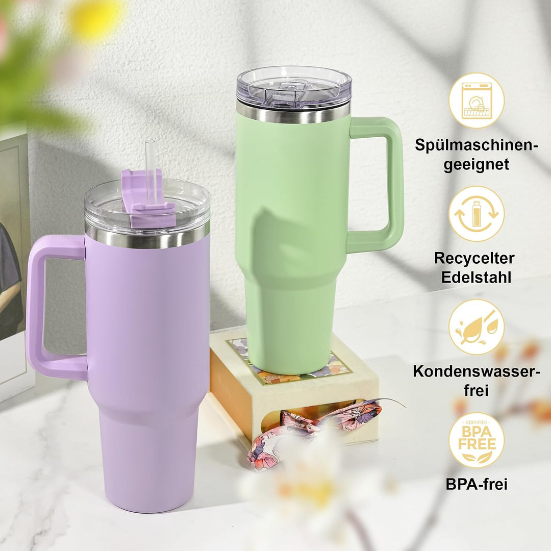 Thermobecher mit Strohhalm und Henkel 1,2L, 100% Auslaufsicherer Trinkbecher, Edelstahl Doppelwand V