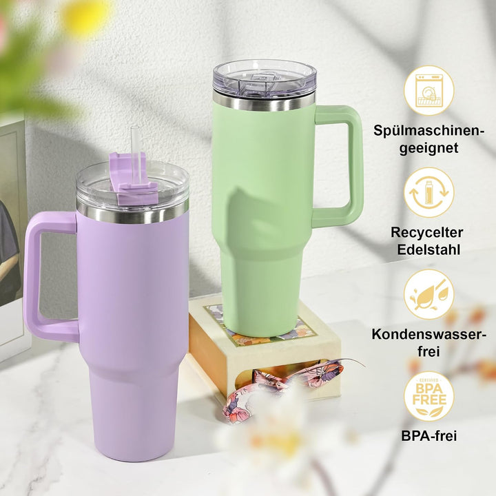 Thermobecher mit Strohhalm und Henkel 1,2L, 100% Auslaufsicherer Trinkbecher, Edelstahl Doppelwand V