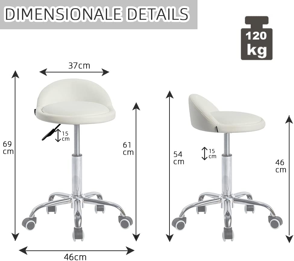 Mingone Bürohocker mit Rollen Arbeitshocker Weiss Rollhocker Höhenverstellbar Sitzhocker 360° Drehba