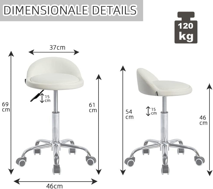 Mingone Bürohocker mit Rollen Arbeitshocker Weiss Rollhocker Höhenverstellbar Sitzhocker 360° Drehba