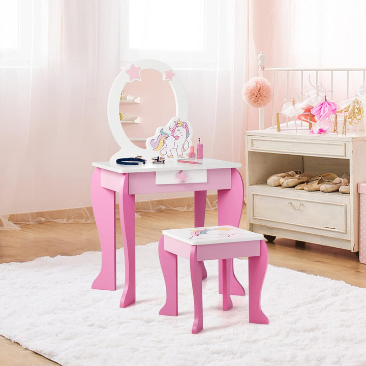DREAMADE Kinder Schminktisch mit Hocker und Abnehmbarer Spiegel, Prinzessin Frisiertisch für Kinder,