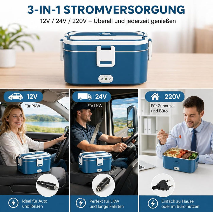 Anykuu Elektrische Lunchbox 100W 1,8L 3-in-1 12V/24V/220V Lunchbox elektrisch mit Edelstahl Gabel Lö