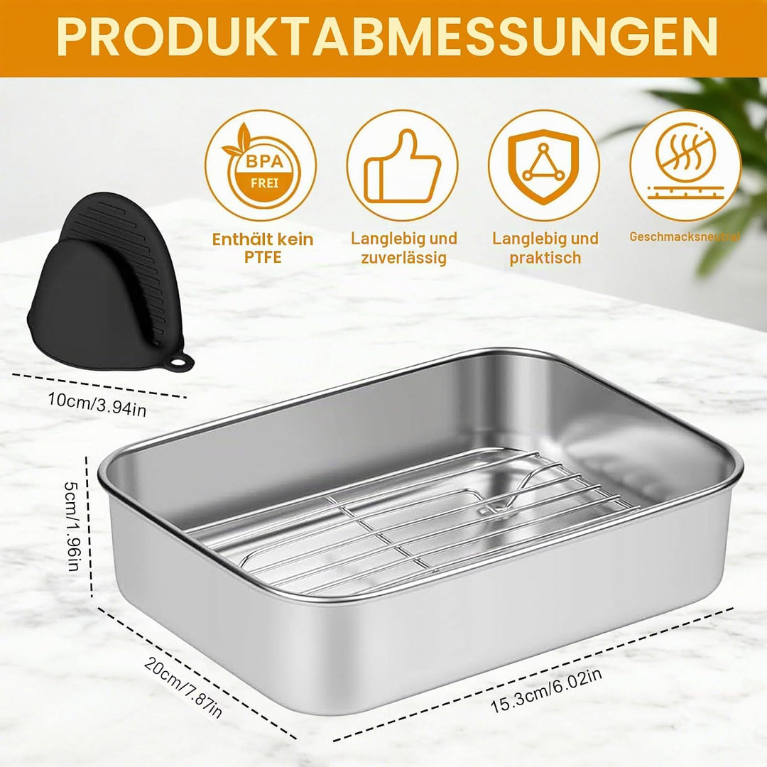 Edelstahl Auflaufform für Airfryer 20x15.3x5cm, Antihaft Backform mit Abtropfgitter & Hitzeschutzgri