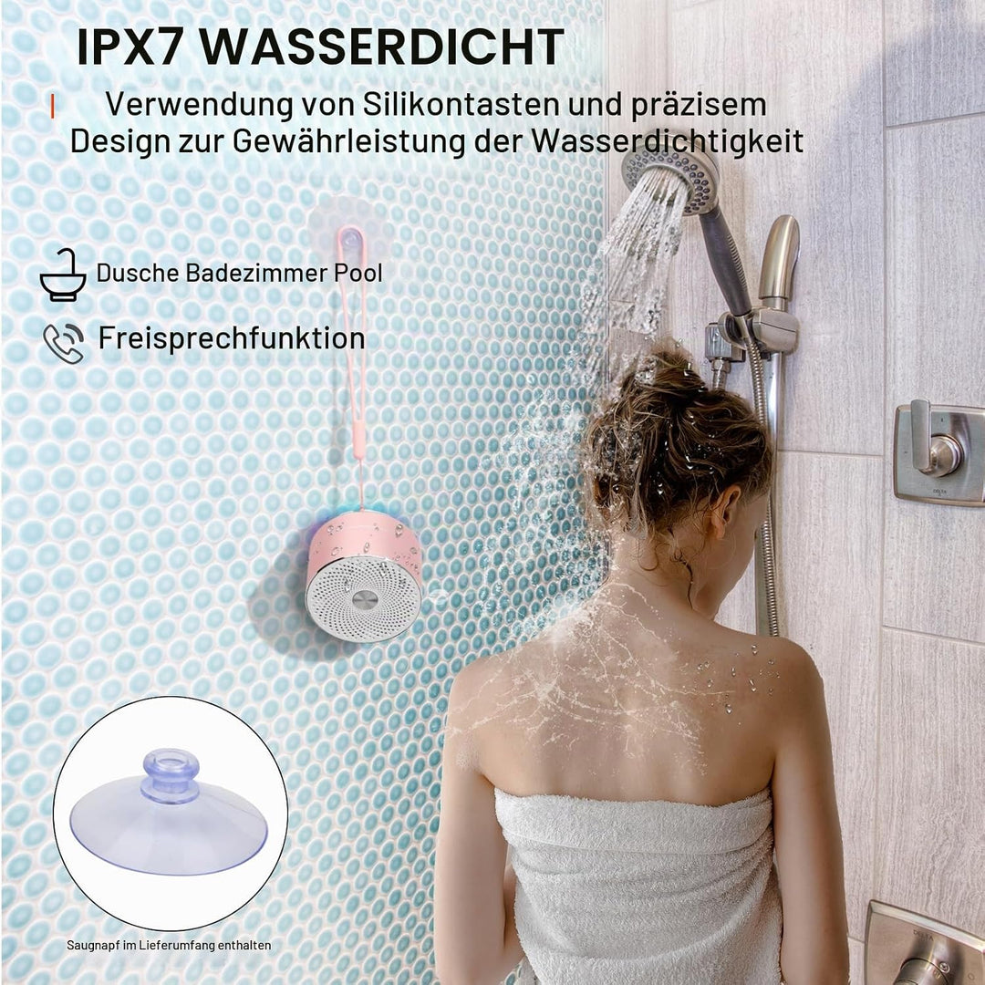 XLeader Dusche Lautsprecher, Rosa Mini Bluetooth Lautsprecher, IPX7 Wasserdicht, 5W Klar Sound&amp;Reich