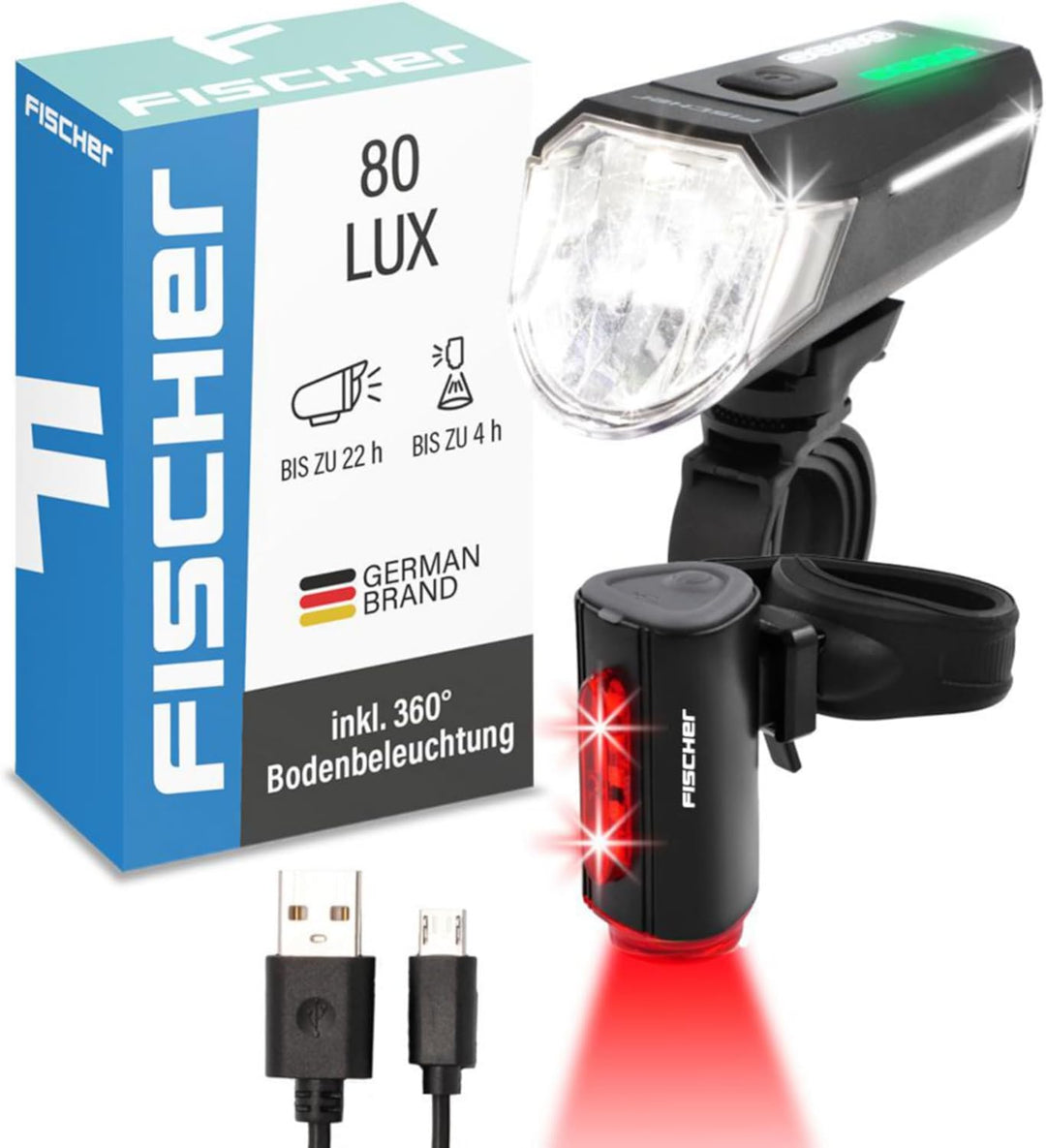 FISCHER Fahrrad-Beleuchtungsset, Front- und Rückleuchte, mit Akku, USB-Ladefunktion und Leuchtfunkti