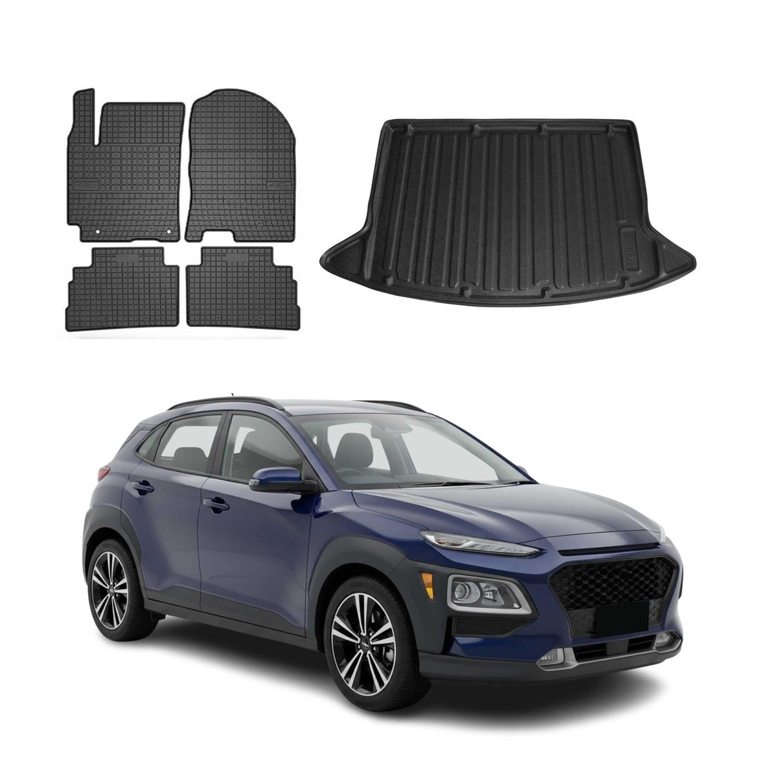 OMAC Fussmatten & Kofferraumwanne Set kompatibel mit Hyundai Kona 2017-2025 Gummi TPE Schwarz 5X Kon