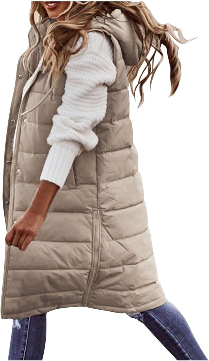 Duohropke Steppweste Damen Lang mit Kapuze Elegant Übergangsjacke Damenwesten Longweste Steppjacke P