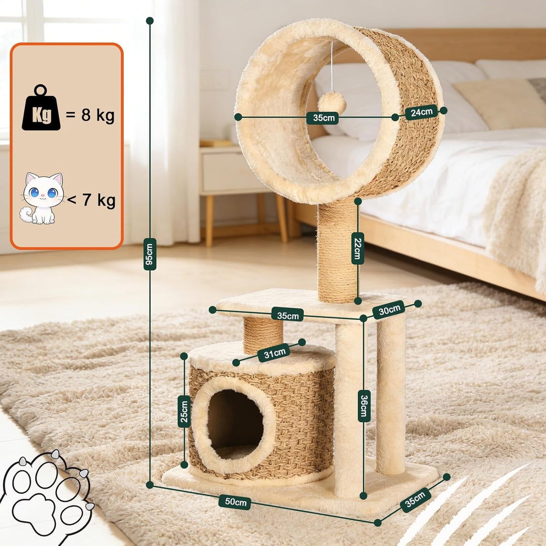 Kratzbaum Modern mit Sisal Kratzsäulen & Handgestrickter Höhle – Stabiler Katzenbaum aus Natürlichem