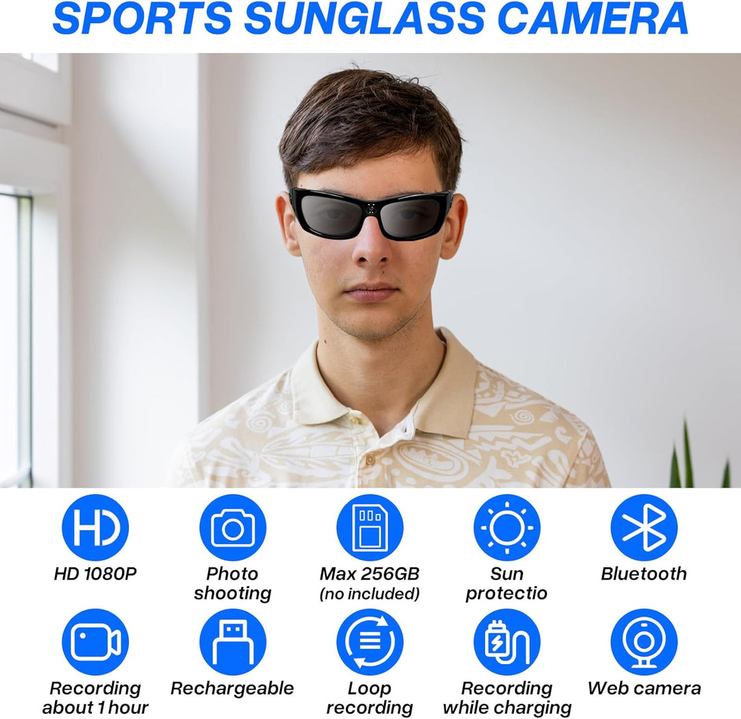 Sport Brillenkamera,Brille mit Kamera HD 1080P Action Cam,Bluetooth Sonnenbrille Sport Kamera Mini A