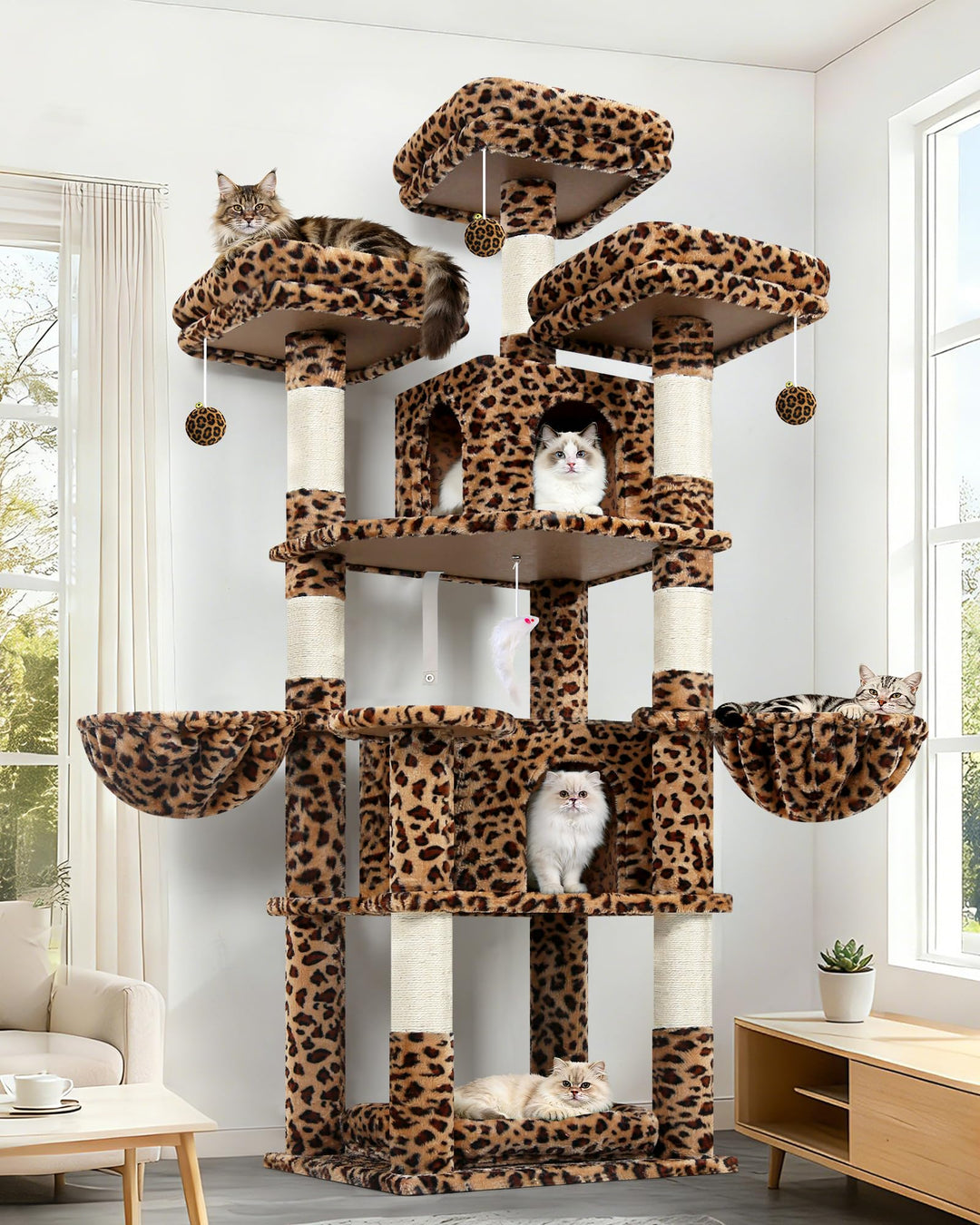 Globlazer Kratzbaum Leoparden Stabil 174 cm mit 3 Gepolsterte Sitzstangen, 2 Katzenhaus, 2 Korb, Abn