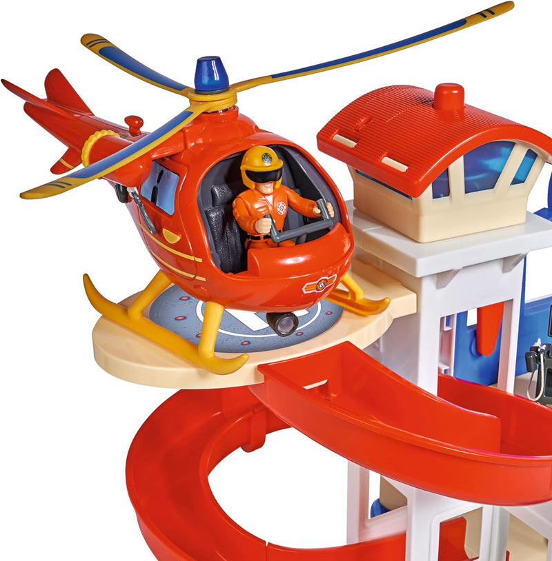 Simba 109252518 - Feuerwehrmann Sam Neue Wasserwacht, mit Sound, mit Landeplatz für Helikopter, Wall