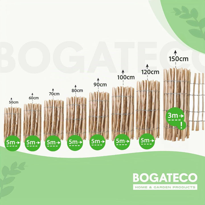 BOGATECO Staketenzaun Haselnuss Kastanie | Holz-Zaun 50 cm Hoch & 500 cm Lang | Lattennabstand 7-8 c
