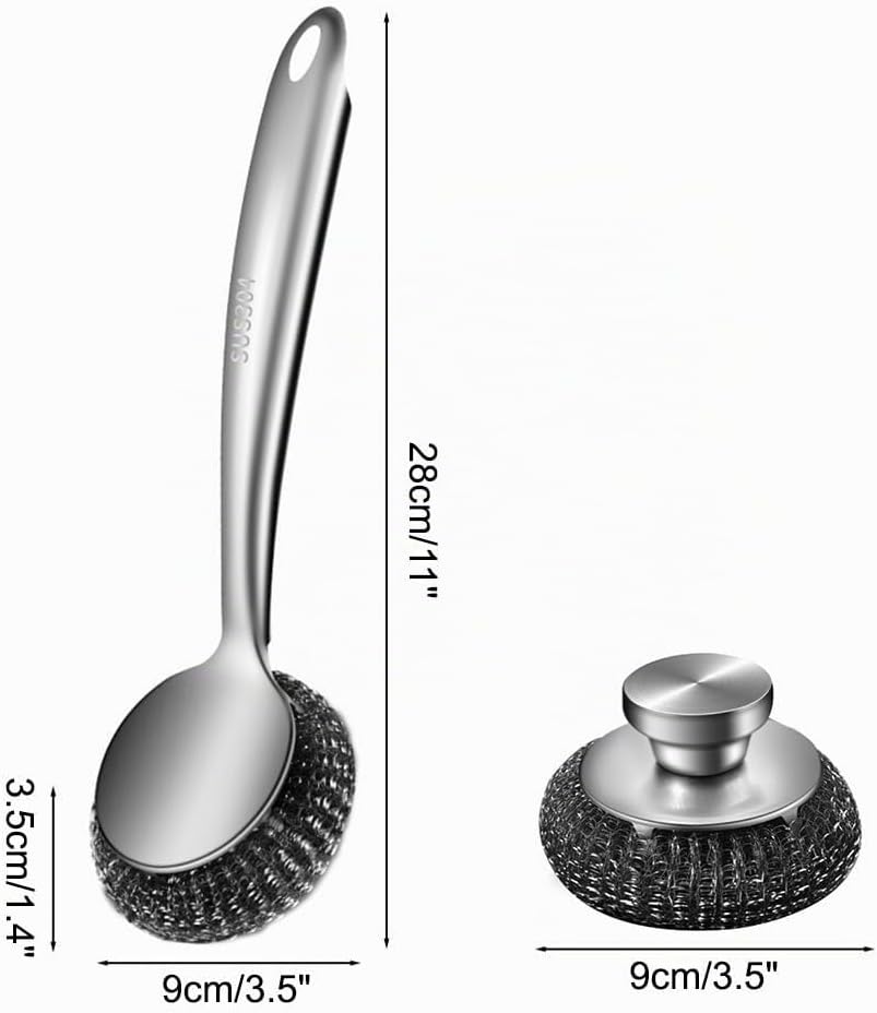 Drahtschwamm Set mit Langem Griff, 5-teilig Schrubber aus Stahlwolle, Topfreiniger aus Metalldraht f