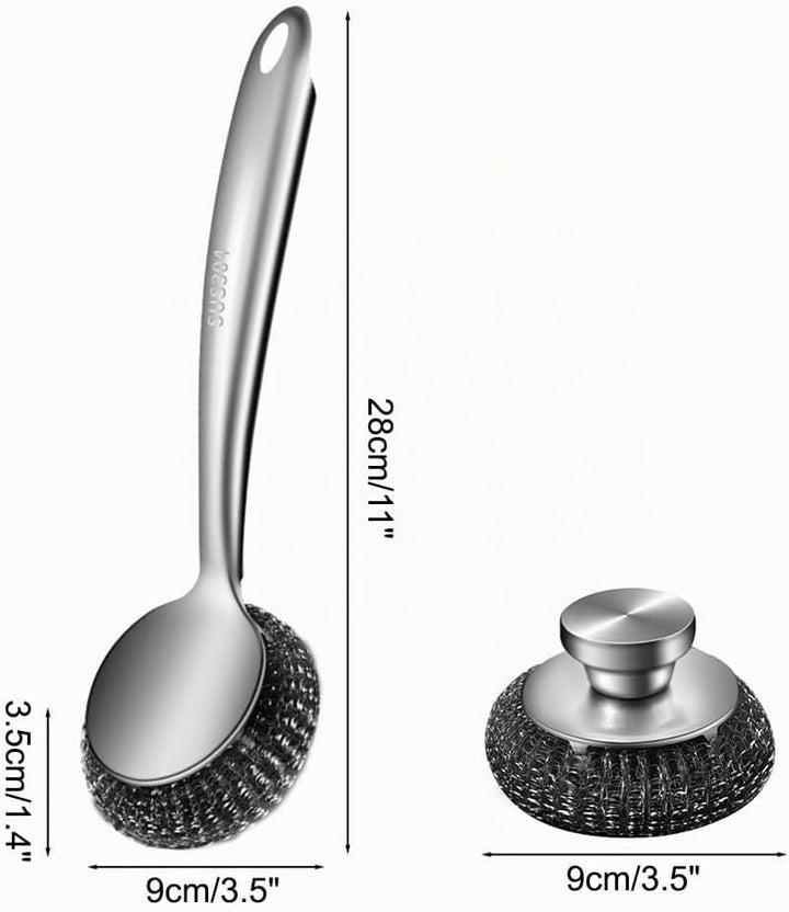 Drahtschwamm Set mit Langem Griff, 5-teilig Schrubber aus Stahlwolle, Topfreiniger aus Metalldraht f