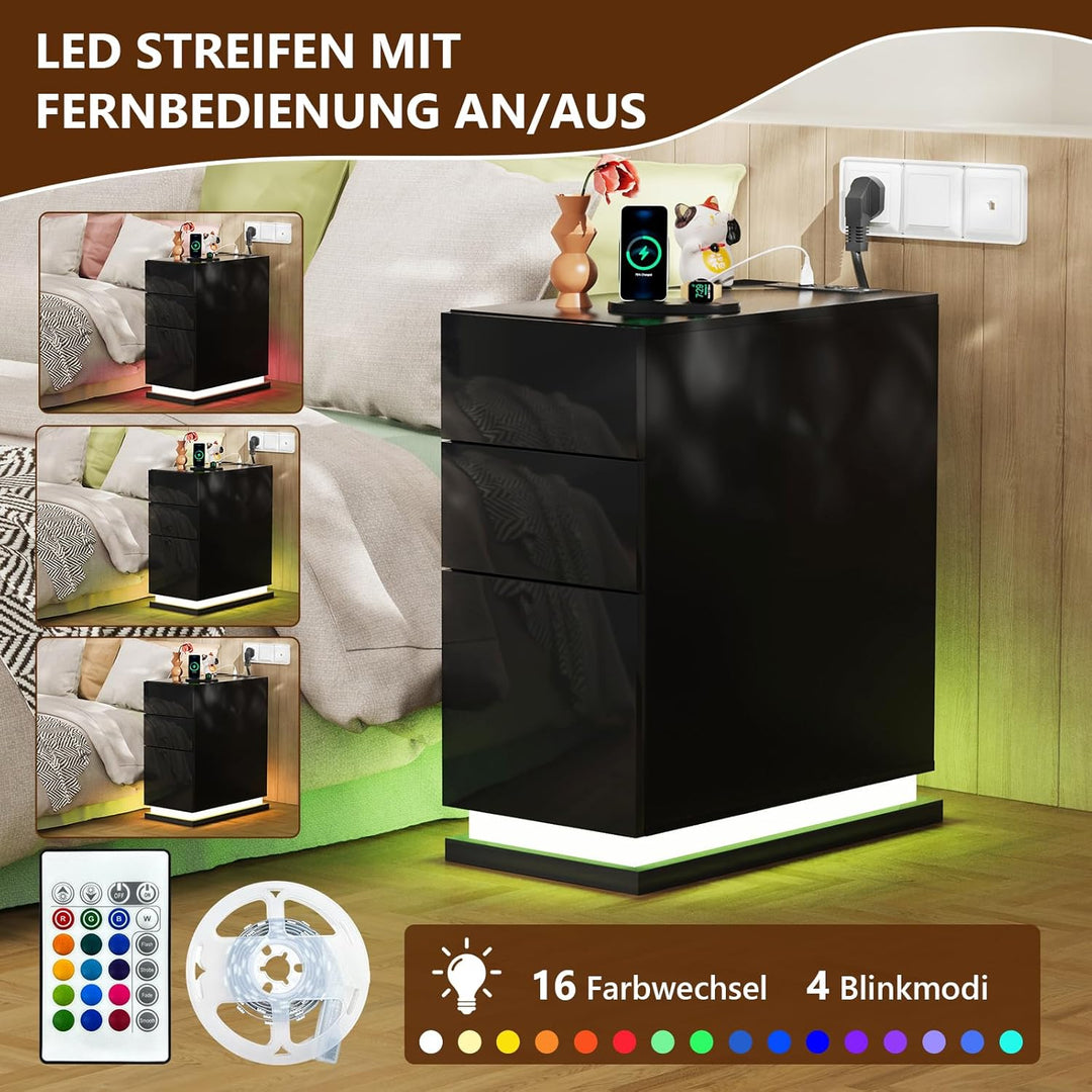 PIPIPOXER Nachttisch LED mit Steckdose & USB, Schwarz Hochglanz 16-Farben RGB-Licht, Schmal mit 3 Sc
