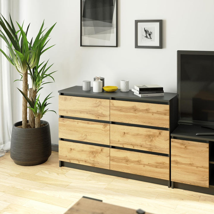 VBChome Kommode mit 6 Schubladen, Anthrazit-Artisan, 120 x 39 x 81 cm, Grifflose Holz-Schubladenkomm