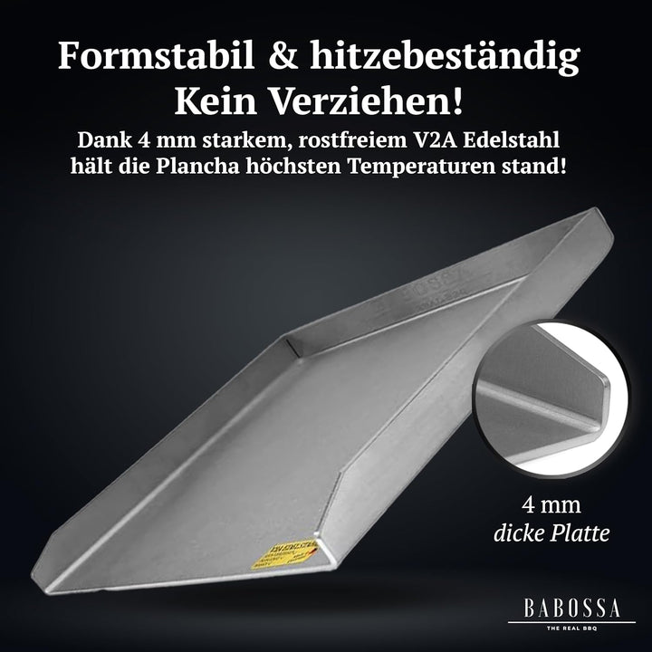 BABOSSA Grill Plancha aus V2A Edelstahl – Erstklassige Verarbeitung & perfekte Hitzeverteilung – kom