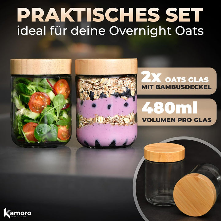 Overnight Oats Gläser 2er Set – Luftdichte Vorratsgläser mit Bambusdeckel 480 ml – Ideal für Overnig