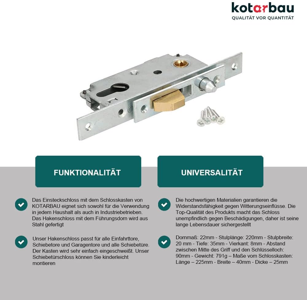KOTARBAU® Hakenschloss Schiebetore Einsteckschloss 72/40 Schlosskasten Führungsdorn Schiebetürschlos