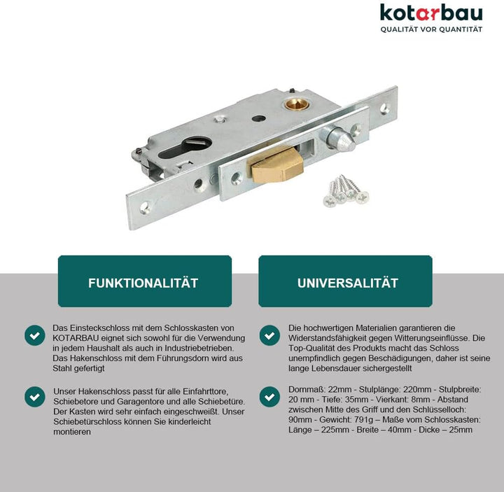 KOTARBAU® Hakenschloss Schiebetore Einsteckschloss 72/40 Schlosskasten Führungsdorn Schiebetürschlos