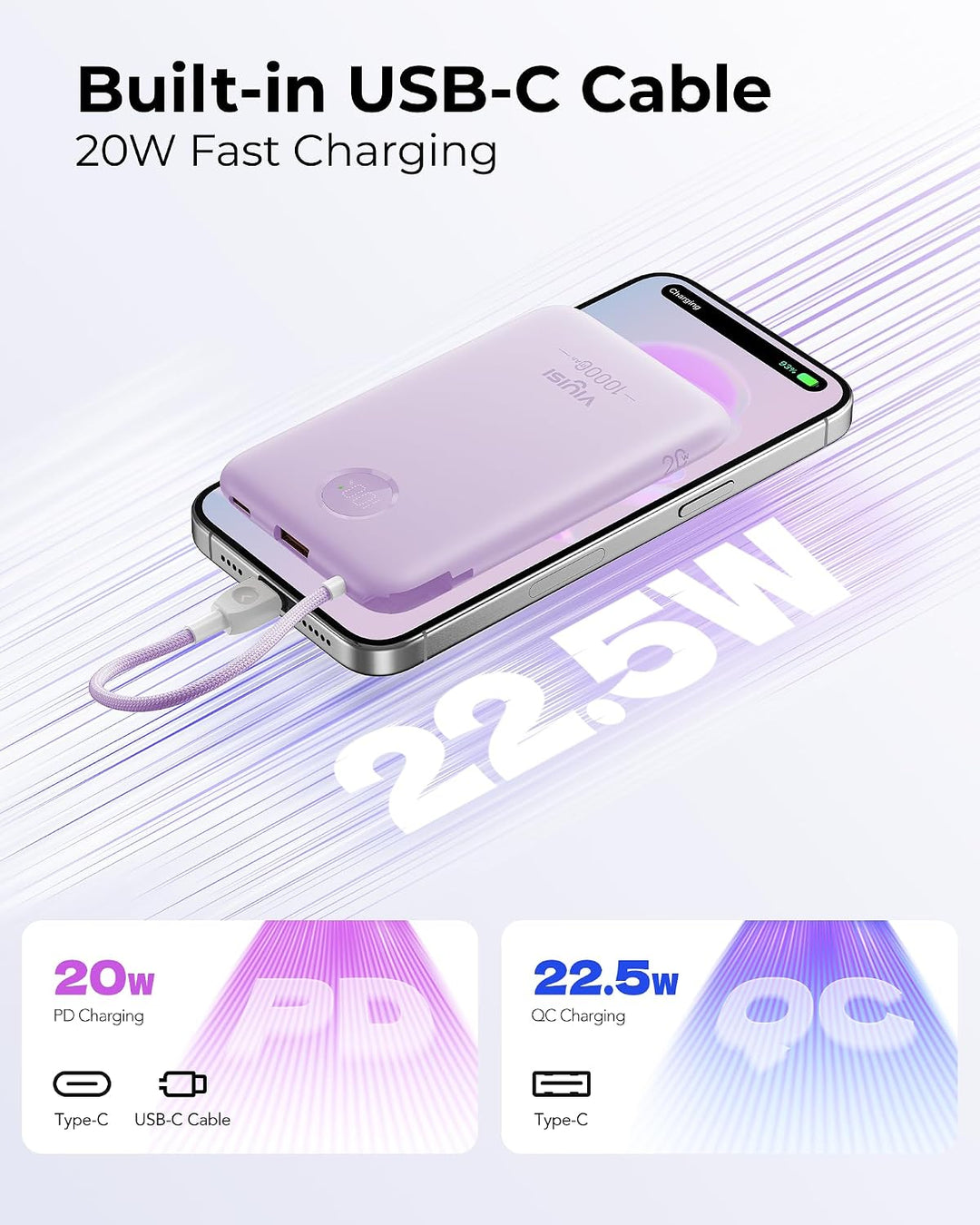 VIYISI Powerbank 10000mAh Ultradünn, 22.5W PD 20W Fast Charge mit Integriertem USB-C Kabel, LED-Anze