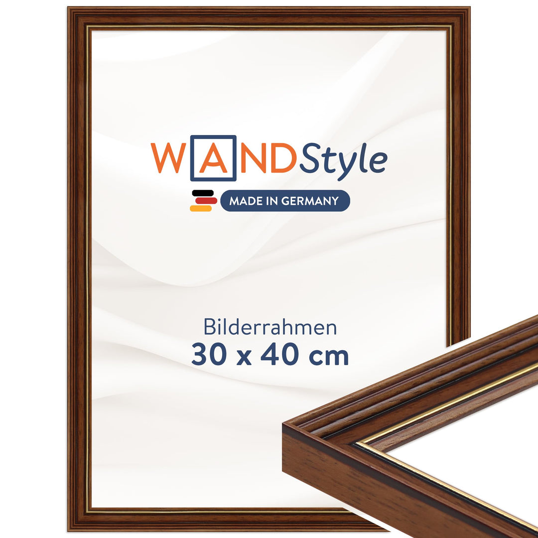 WANDStyle Bilderrahmen ANTIK 30x40cm mit KUNSTGLAS I Farbe: Braun mit Goldkante I Holzbilderrahmen I