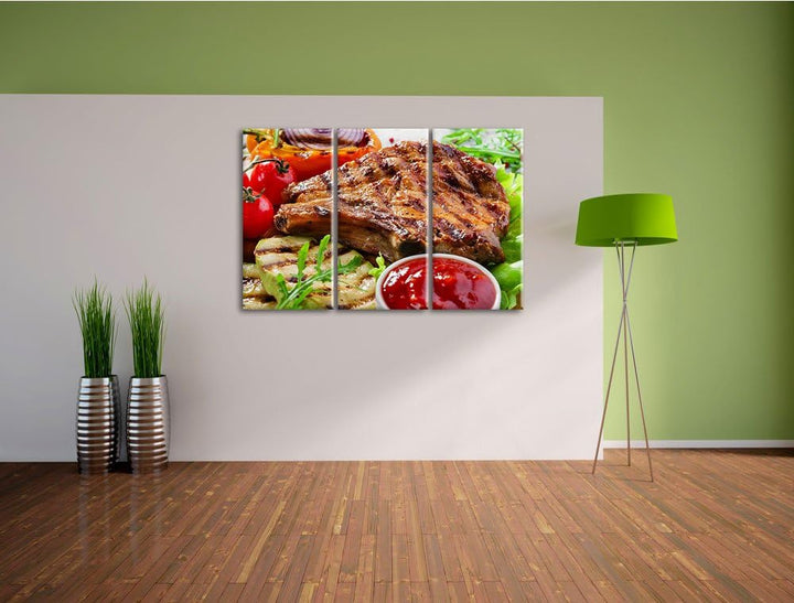 Gegrilltes Steak als 3-Teiler Leinwandbild 120x80 Bild auf Leinwand, XXL riesige Bilder fertig gerah