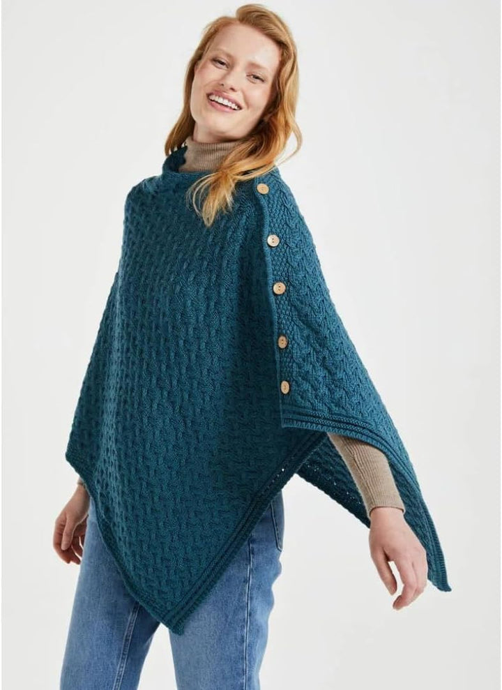 Aran Woollen Mills Supersoft Merino Wool Buttoned Irish Cape/Poncho Einheitsgrösse Blau, Einheitsgr&
