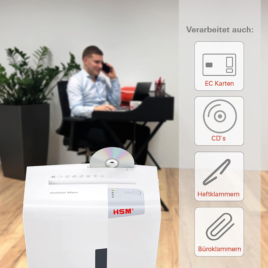 HSM 1046111 shredstar X6pro Aktenvernichter, Sicherheitsstufe P-5, 6 Blatt (Partikelschnitt) mit CD-