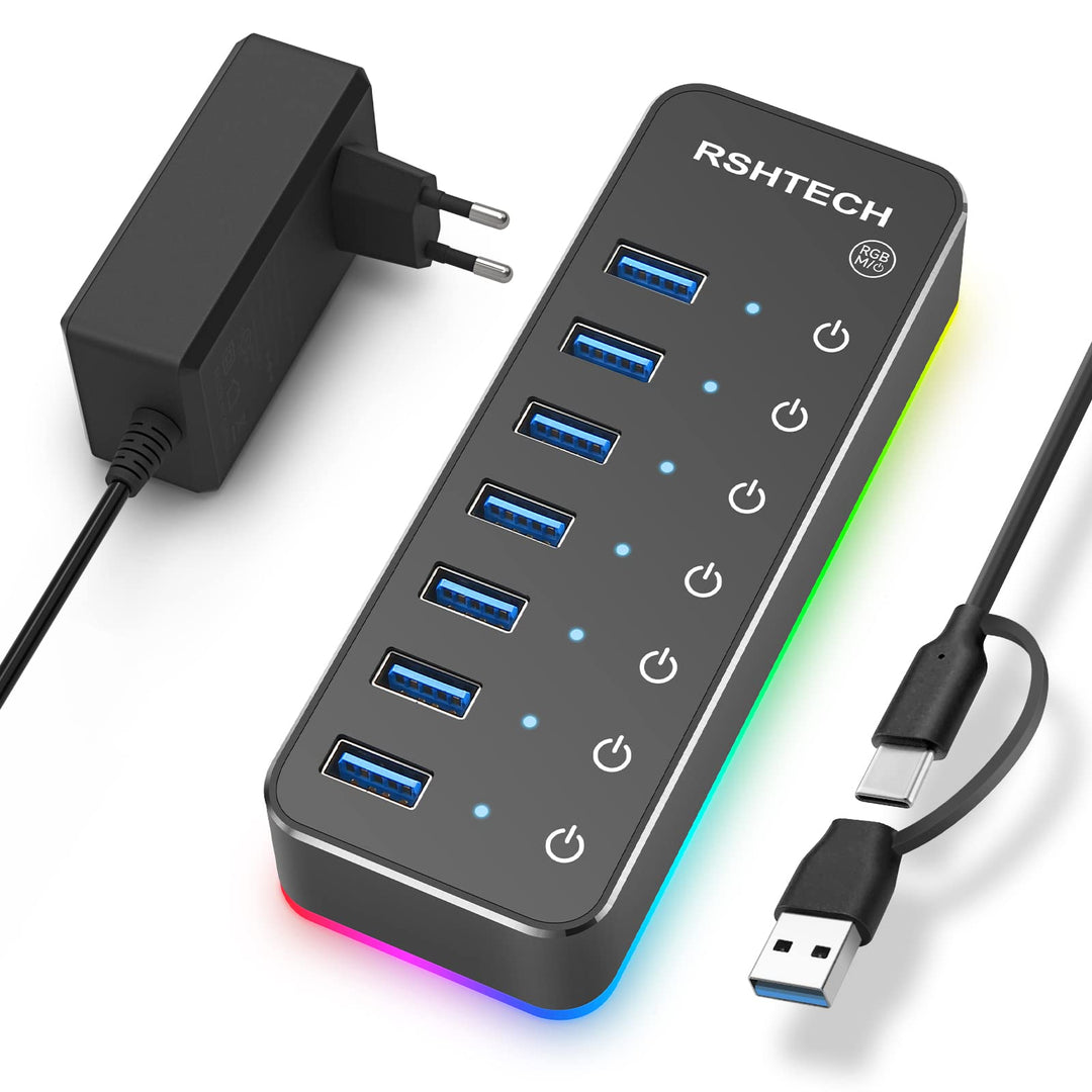 USB Hub Aktiv 3.0 mit Netzteil, RSHTECH 7-Port RGB USB 3.0 Hub Aluminium, 14 RGB Beleuchtungsmodi, 2